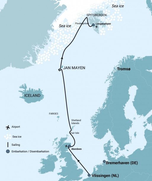 Routekaart Expeditiecruise Vlissingen-Spitsbergen 2022