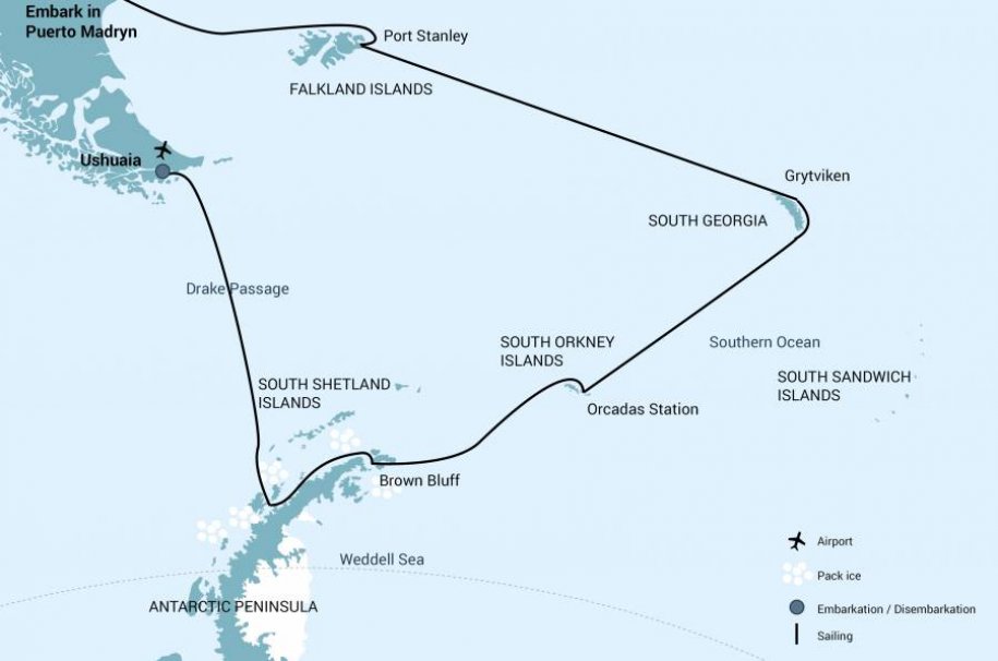 Falklands South Georgia Antarctisch schiereiland Puerto Madryn route