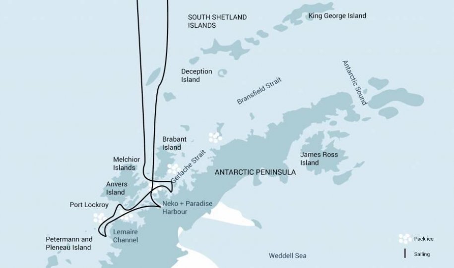 Routekaart Expeditiecruise Antarctica