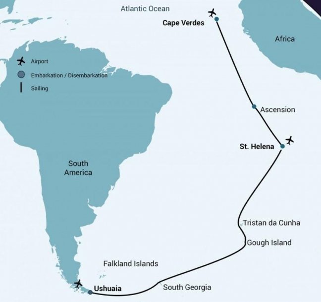 Routekaart expeditiecruise Atlantic Odyssey 2022